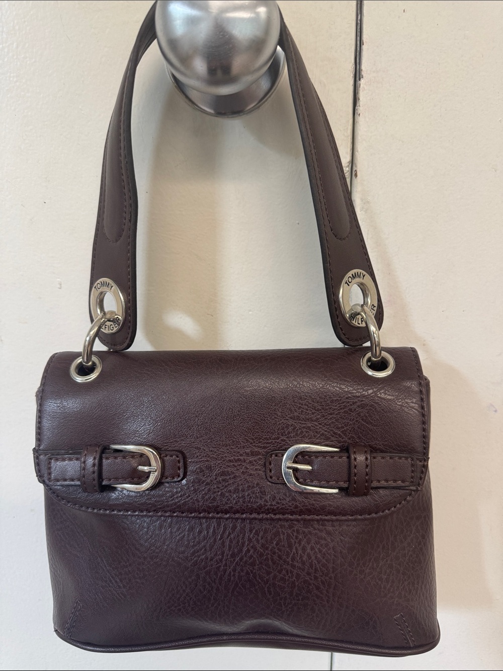 Tommy Hilfiger Dark Brown Small Leather Bag with Silver Hardware